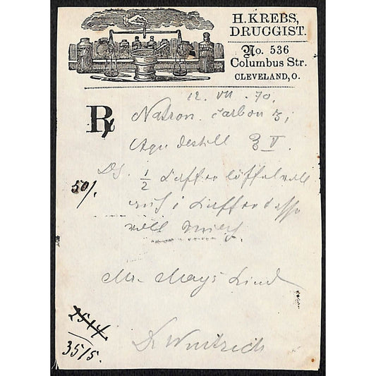 H. Krebs, Druggist Columbus St. Cleveland c1870's* Prescription #3515