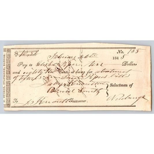 1845 Jabez Knowlton* Newburgh ME Town Check "David Piper"