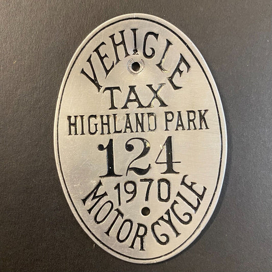 1970 Highland Park Motorcycle Vehicle Tax License Tag Medallion #124 Alum 3 1/4"
