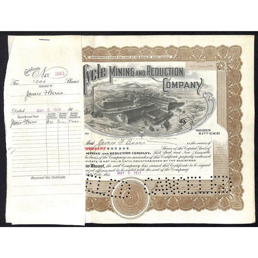 Golden Cycle Mining 1915 Stock Certificate w/ James F. Burns Sig. #383