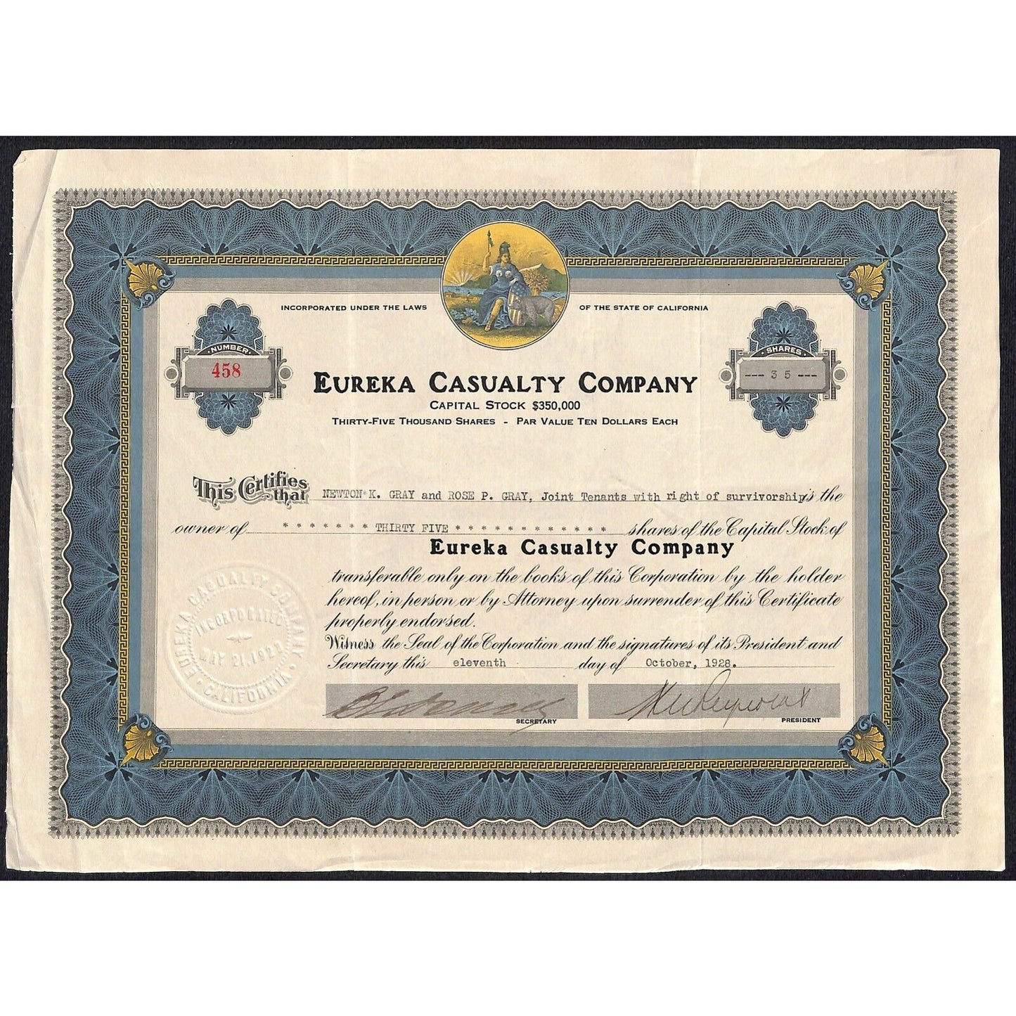 Eureka Casualty Company California 1928 Stock Certificate to Newton K. Gray