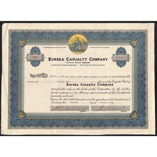 Eureka Casualty Company California 1928 Stock Certificate to Newton K. Gray