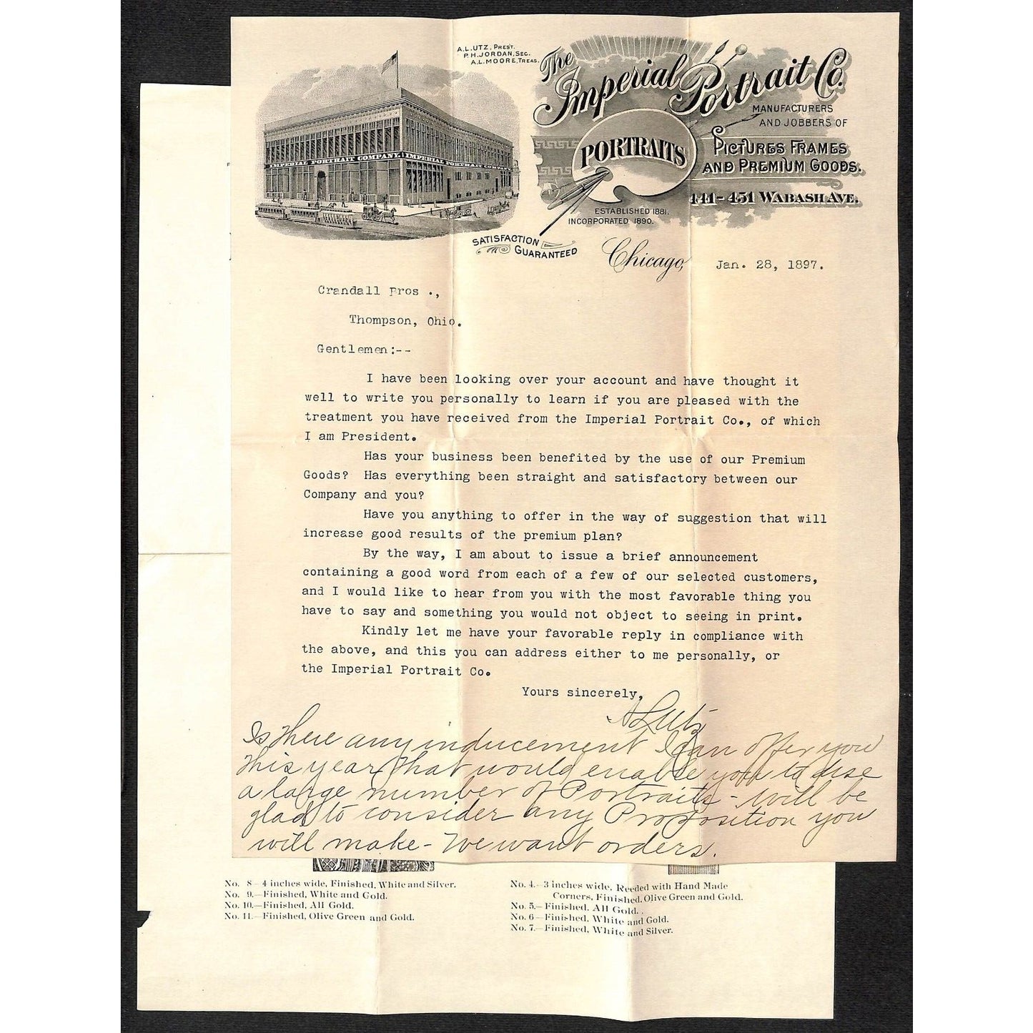 Imperial Portrait Co. Chicago 1897 Letterhead, Frame Brochure Return Envelopes