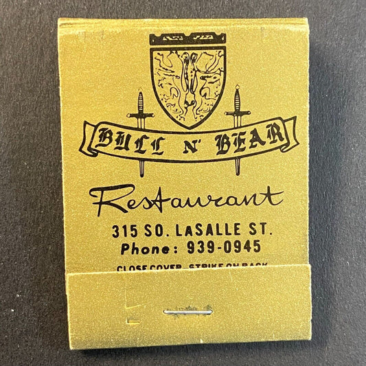Bull N' Bear Restaurant Chicago c1973-1980's Full Matchbook VGC