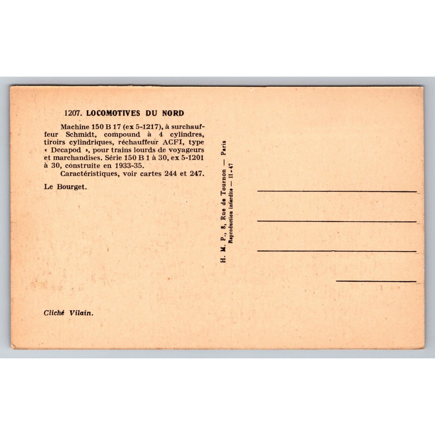 French Railroad RPPC* Postcard Machine 150 Series 150 B 1-30 c1933-1935 H.M.P.