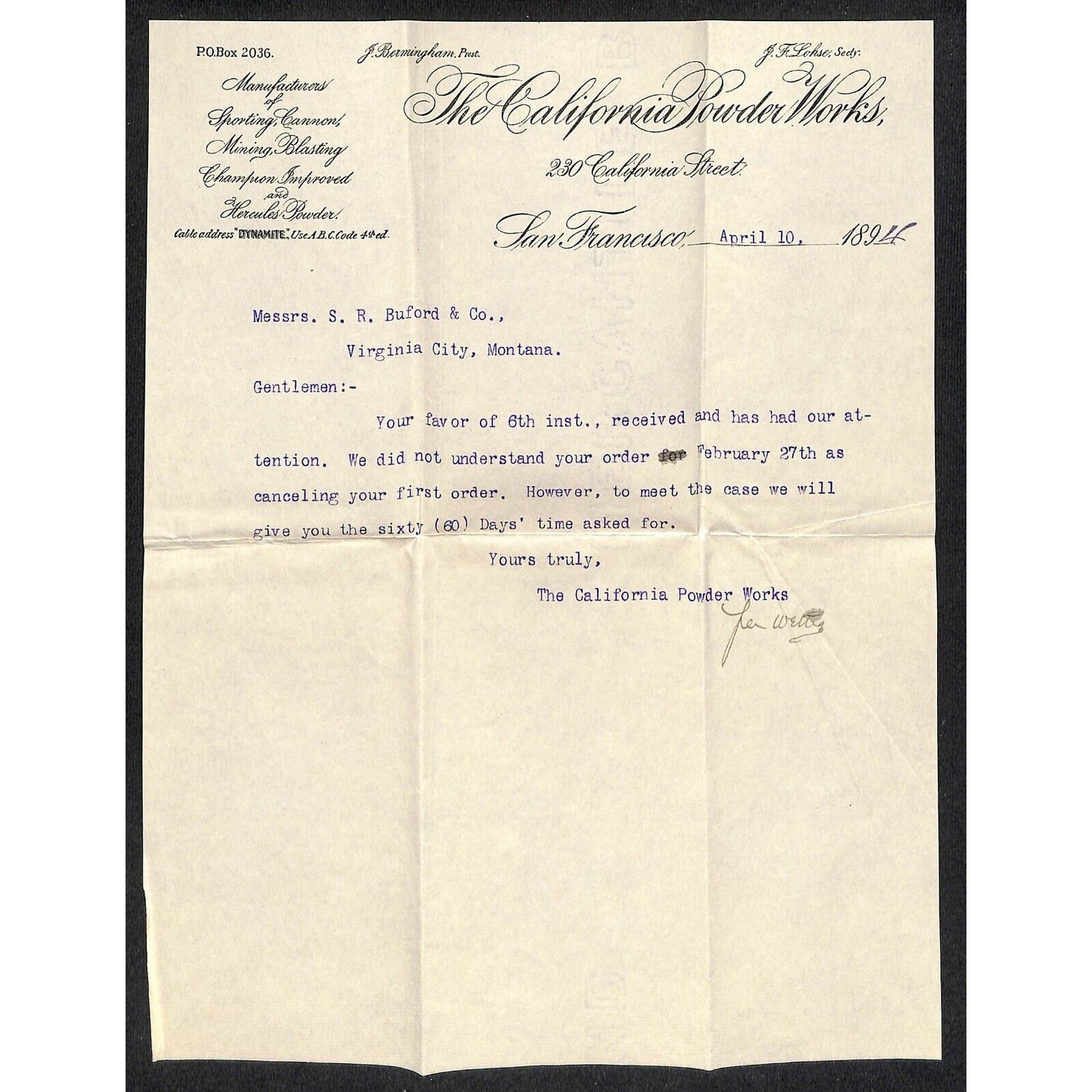 California Powder Works Hercules Dynamite 4/10 1894 Letterhead S.R. Buford*