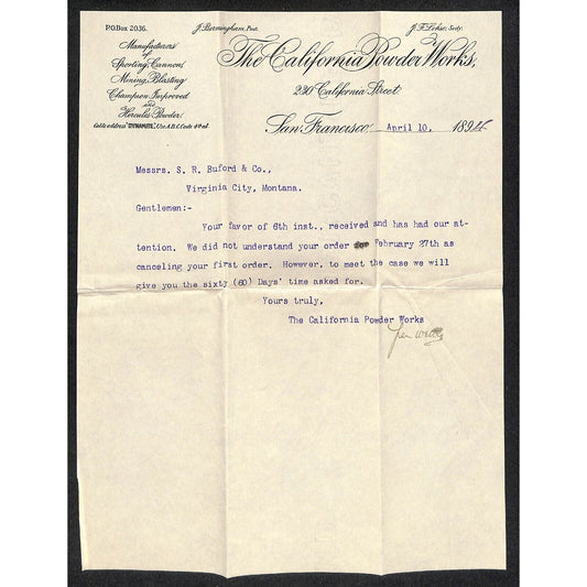 California Powder Works Hercules Dynamite 4/10 1894 Letterhead S.R. Buford*