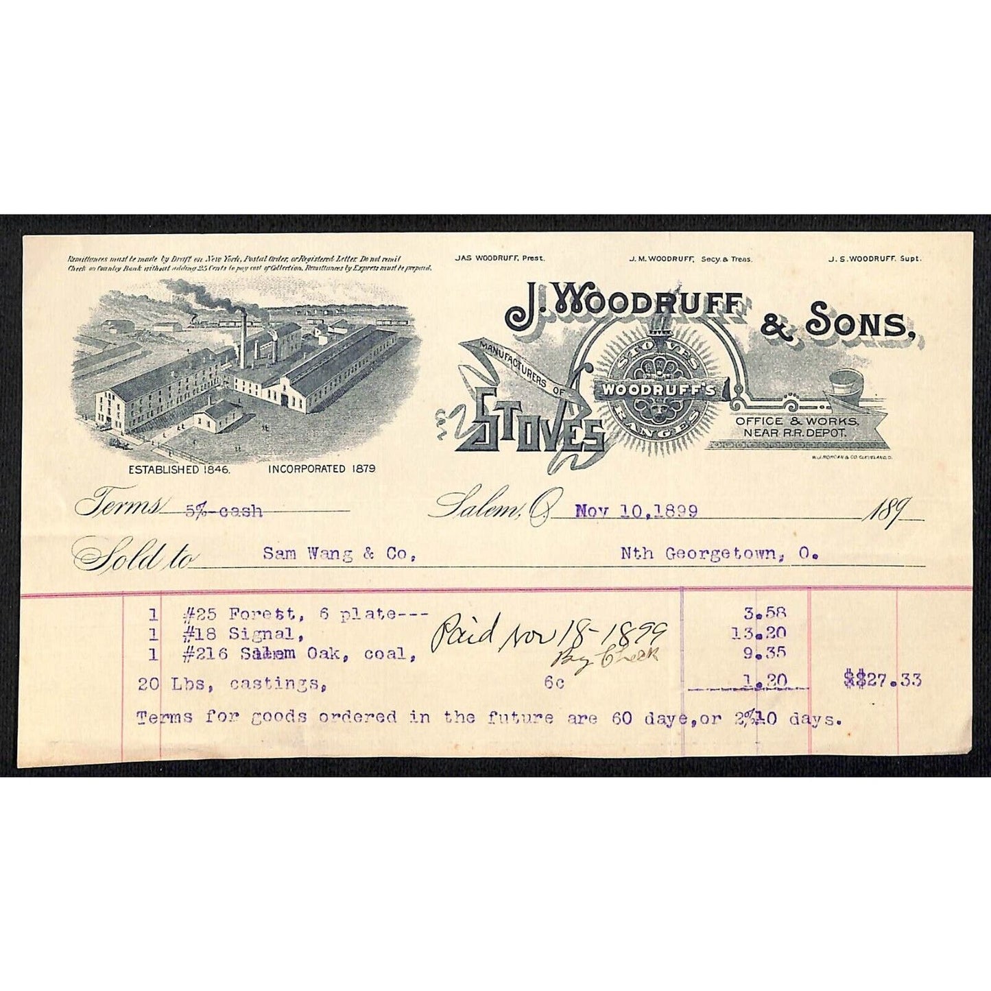 J. Woodruff & Sons Stoves Ranges Billhead 1899 Samuel Wang* N. Georgetown OH