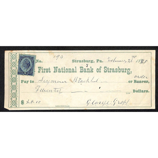 First National Bank of Strasburg, PA Seymour Bracbbill ? 1880 Bank Check