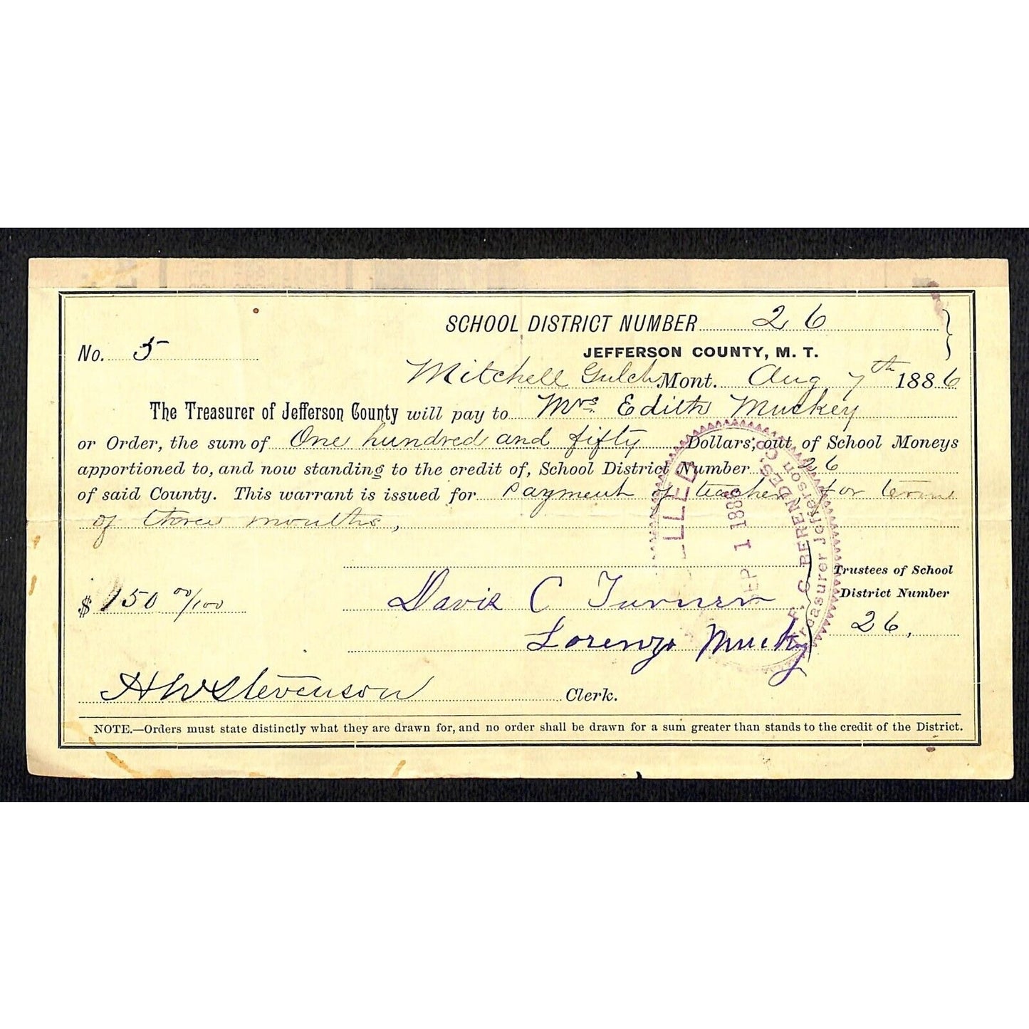 1886 Jefferson County Montana Territory School Warrant for "Teacher for Term"