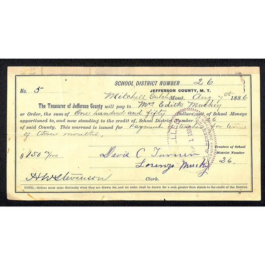 1886 Jefferson County Montana Territory School Warrant for "Teacher for Term"
