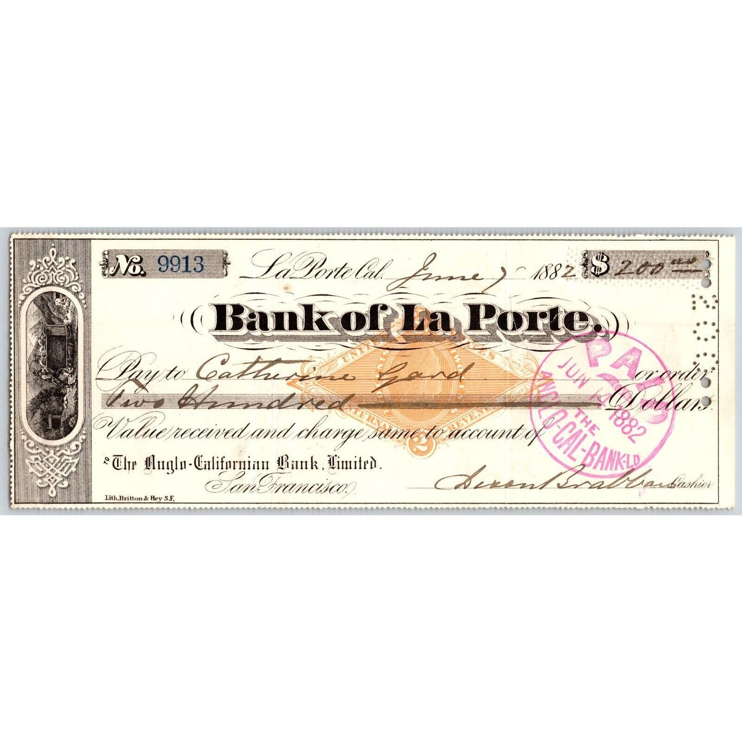 Bank of La Porte Check Catherine Gard 1882 Mining Vignette RN-G1 Rev Stamp #9913