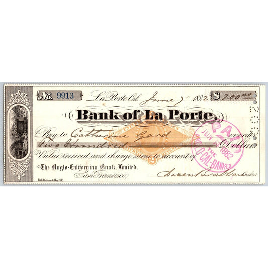 Bank of La Porte Check Catherine Gard 1882 Mining Vignette RN-G1 Rev Stamp #9913