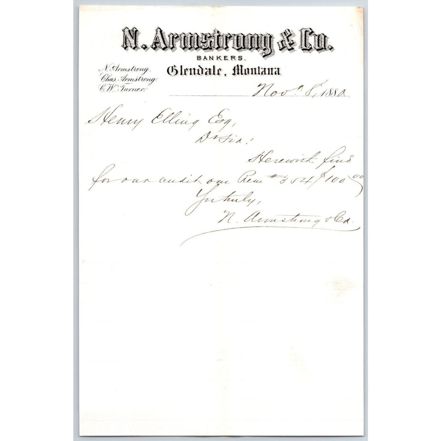 N. Armstrong & Co. Bankers Glendale, MT 1881 ALS / Letterhead Henry Elling*