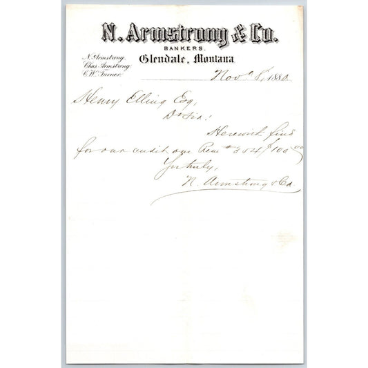 N. Armstrong & Co. Bankers Glendale, MT 1881 ALS / Letterhead Henry Elling*