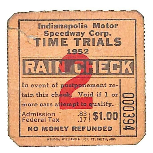 Indianapolis Motor Speedway 1952 Time Trails Rain Check Ticket Auto Racing