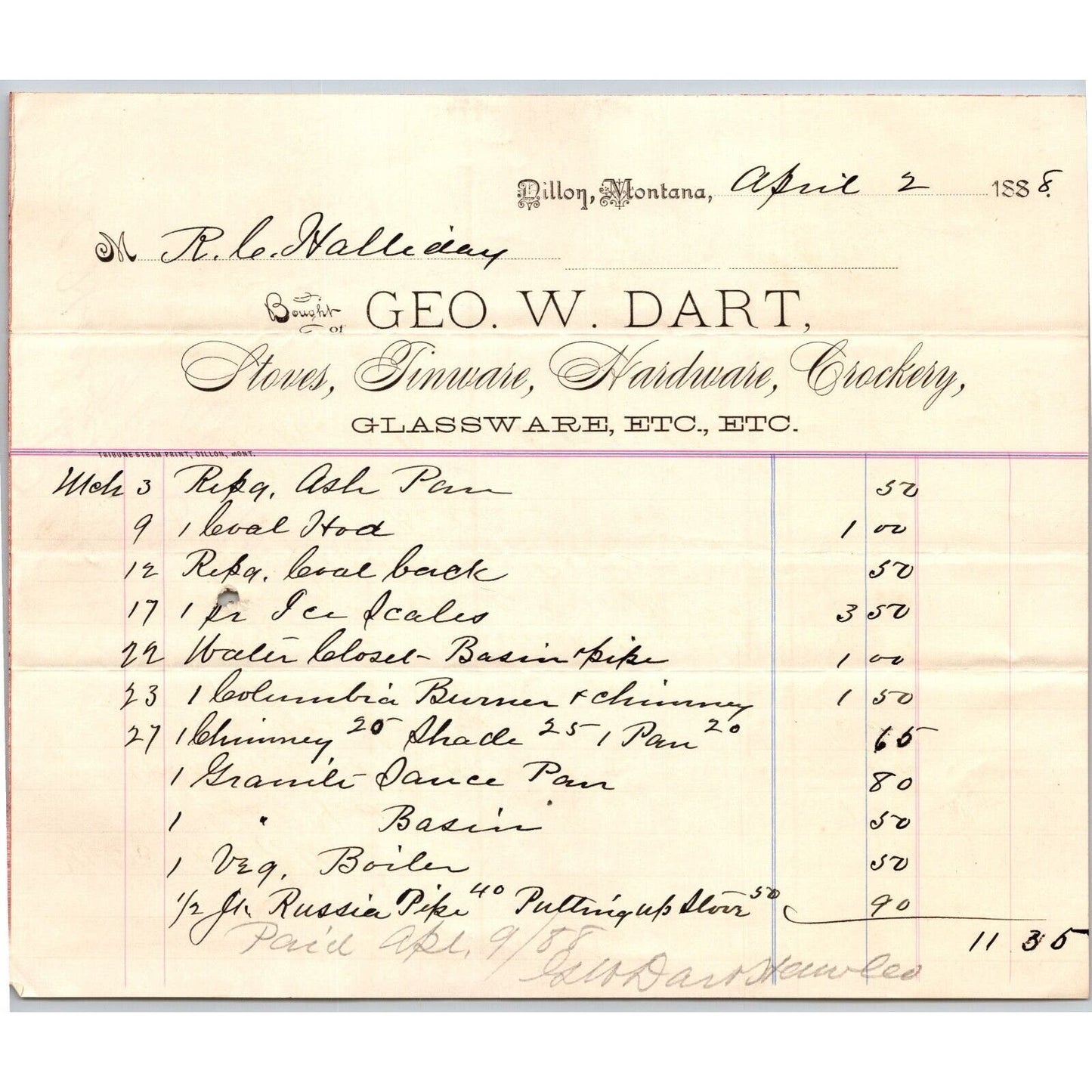 Dillon, MT Geo. W. Dart April 1888 Billhead Glassware Tinware R.C. Halliday*
