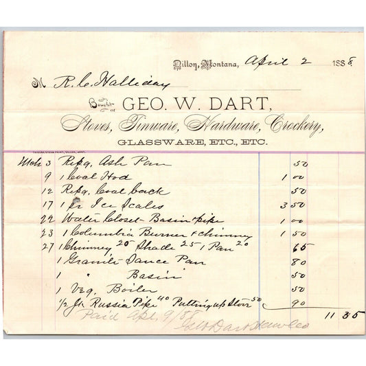 Dillon, MT Geo. W. Dart April 1888 Billhead Glassware Tinware R.C. Halliday*