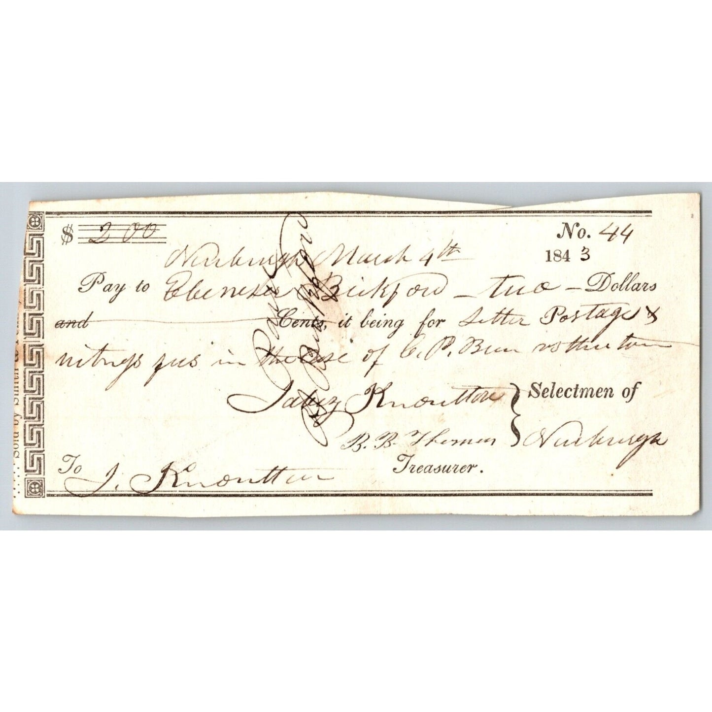 1843 Jabez Knowlton* Newburgh ME Town Check to Bickford for Letter Postage