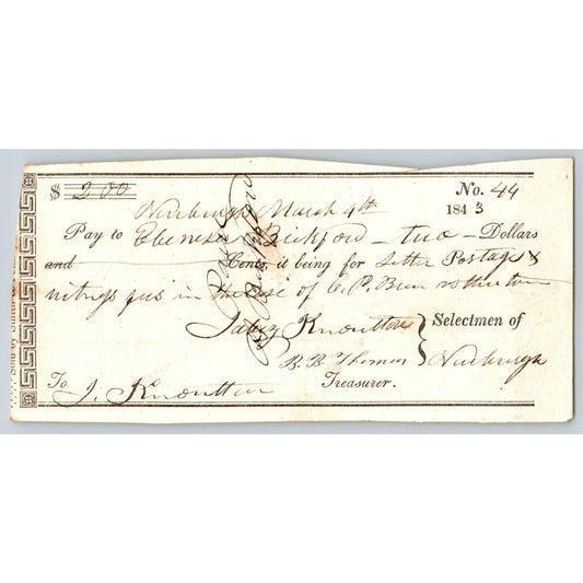 1843 Jabez Knowlton* Newburgh ME Town Check to Bickford for Letter Postage