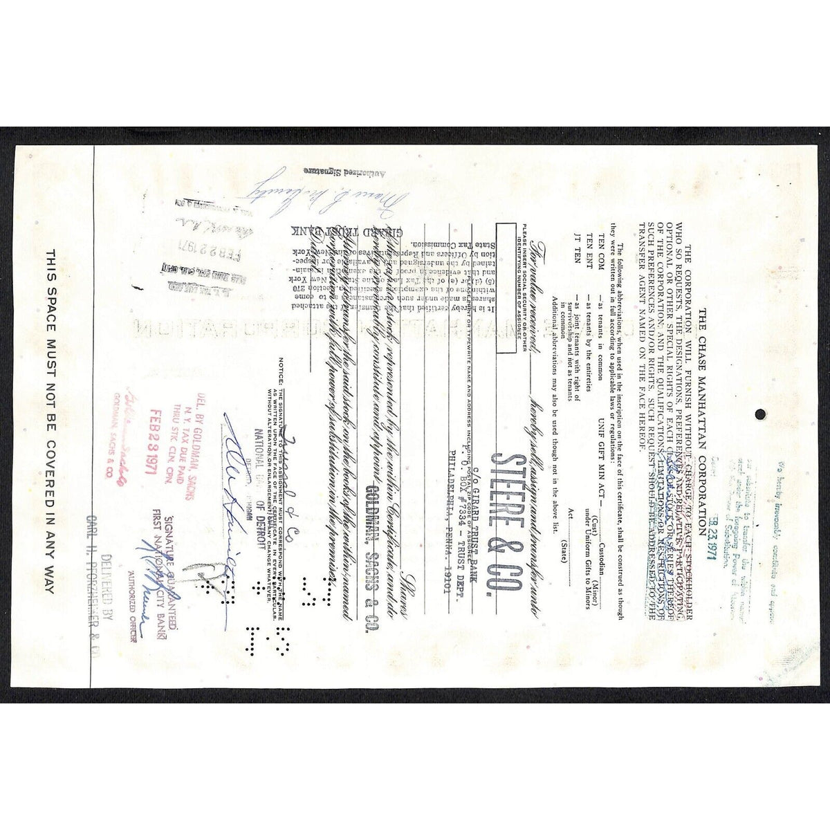 Chase Manhattan Corp 1970 Stock Certificate to Trussal & Co. - Early Logo*