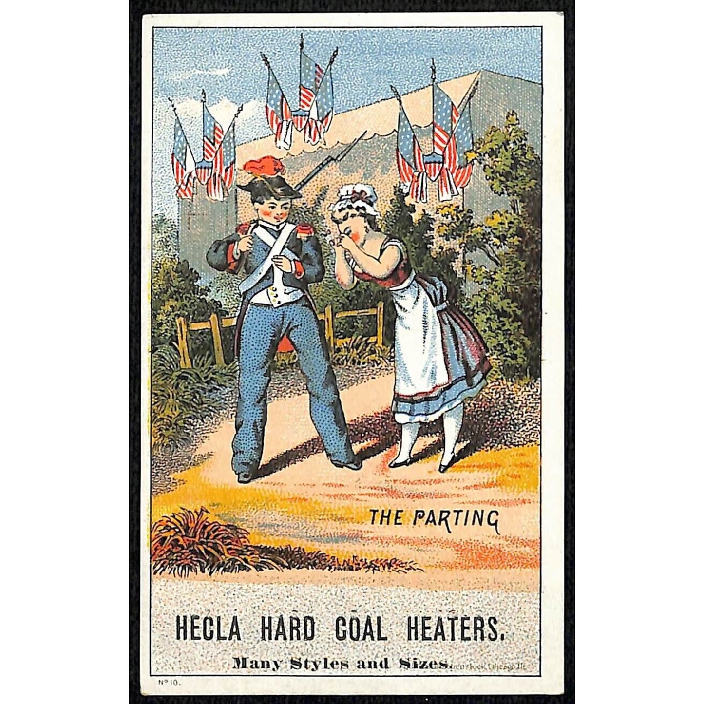 Hecla Hard Coal Heaters Victorian Trade Card Soldier Parts w/ Girl U.S. Flags