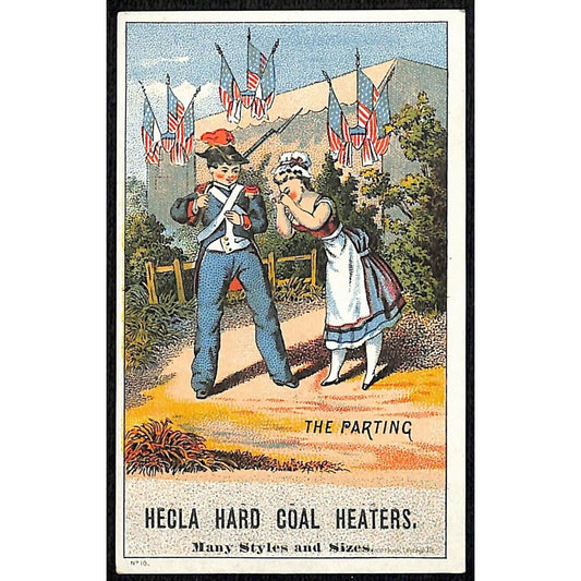 Hecla Hard Coal Heaters Victorian Trade Card Soldier Parts w/ Girl U.S. Flags