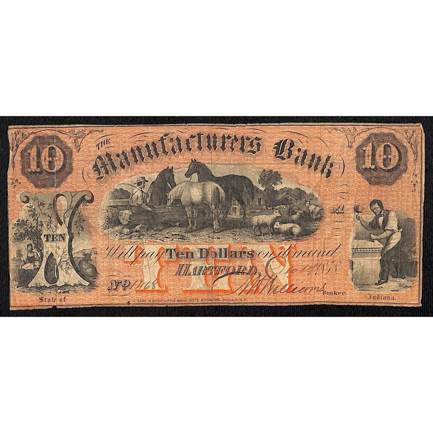 1858 Manufacturers Bank Hartford, Indiana Ten Dollar Demand Note - Scarce