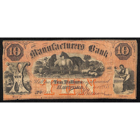 1858 Manufacturers Bank Hartford, Indiana Ten Dollar Demand Note - Scarce