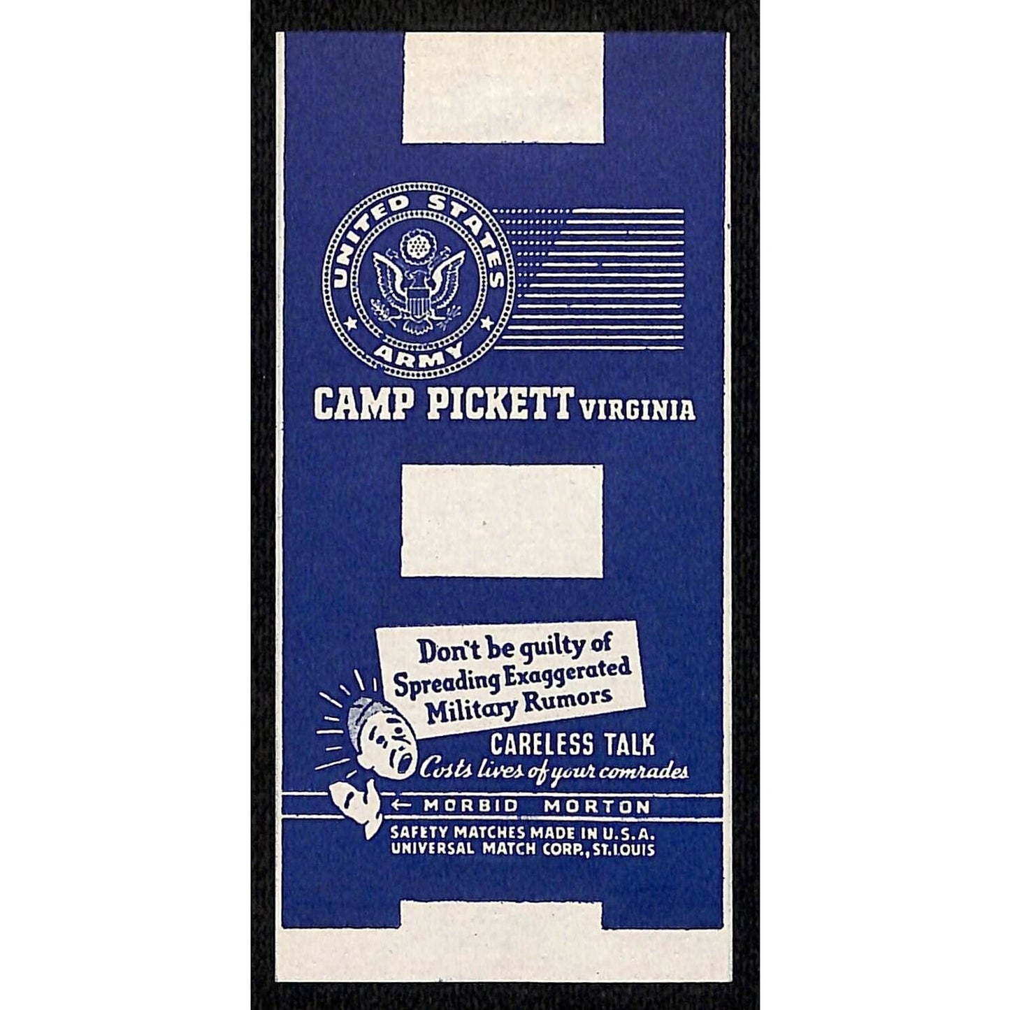 Camp Pickett Virginia WWII Matchbox Label Morbid Morton Careless Talk Scarce