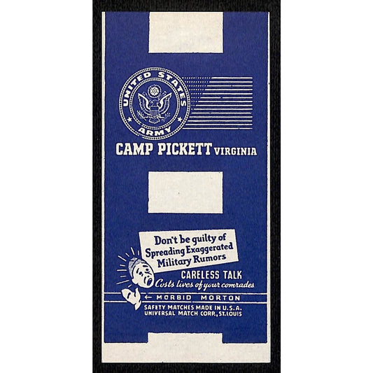 Camp Pickett Virginia WWII Matchbox Label Morbid Morton Careless Talk Scarce