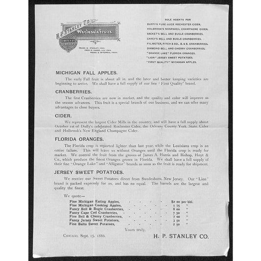 H.P. Stanley Co. Chicago Whsle. Apples Potatoes 1886 Price Sheet VGC Scarce