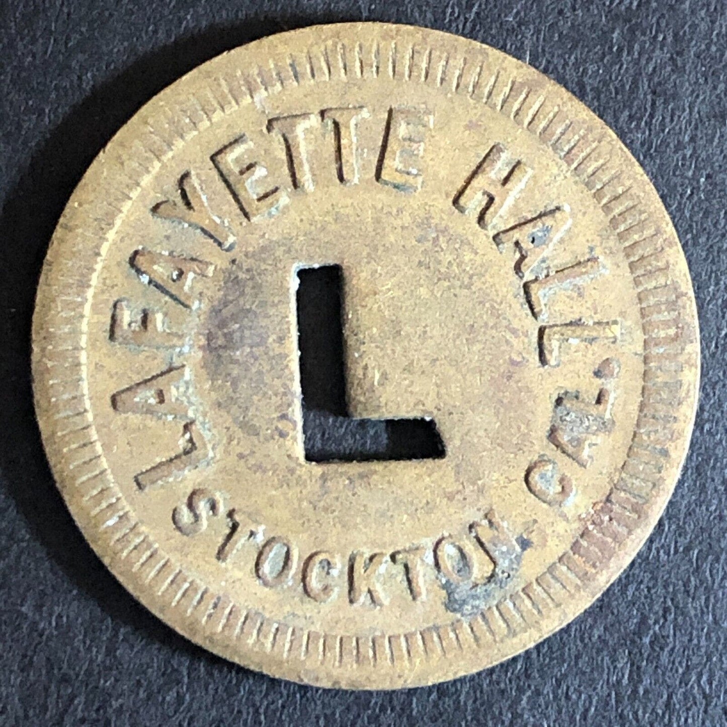Lafayette Hall Stockton, CA Brass Trade Token w/ "L" Cutout 24mm VGC - Scarce