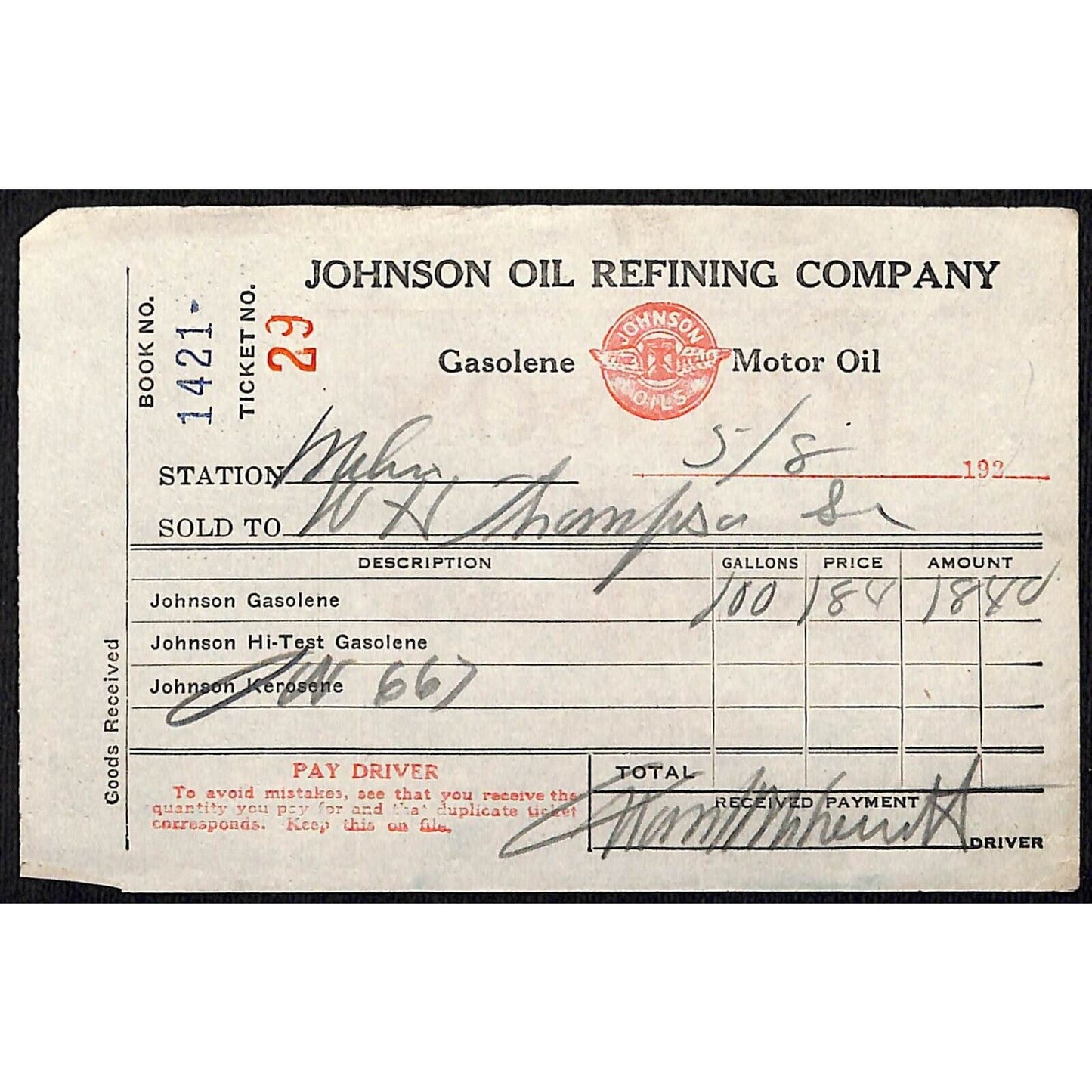 Johnson Oils Gasoline Kerosene 1926 W. H. Thompson Melvin IL Station Receipt #29