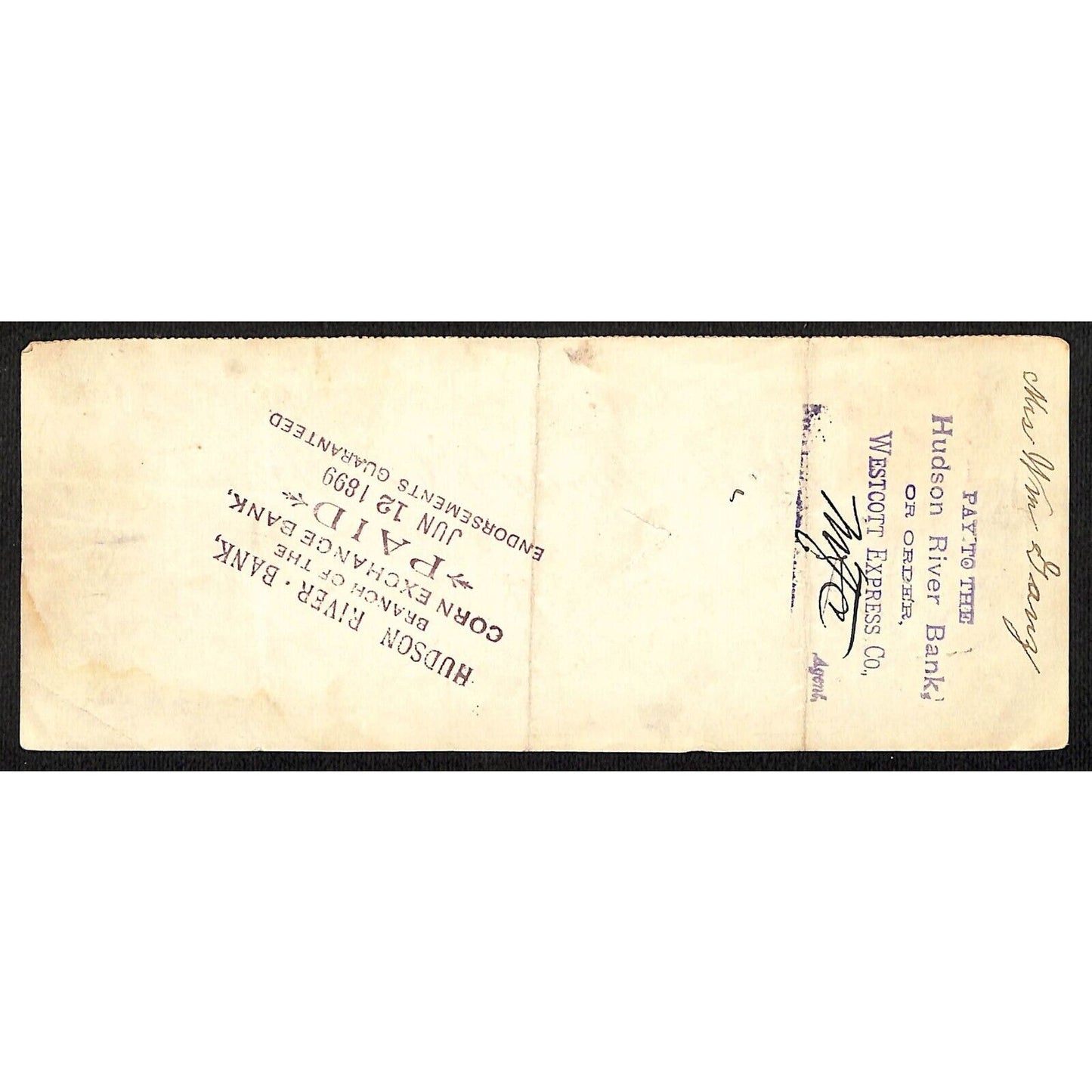 1899 Wells Fargo & Co Bank 63 Broadway NYC Check #17 w/ Rev Stamp William Ganz