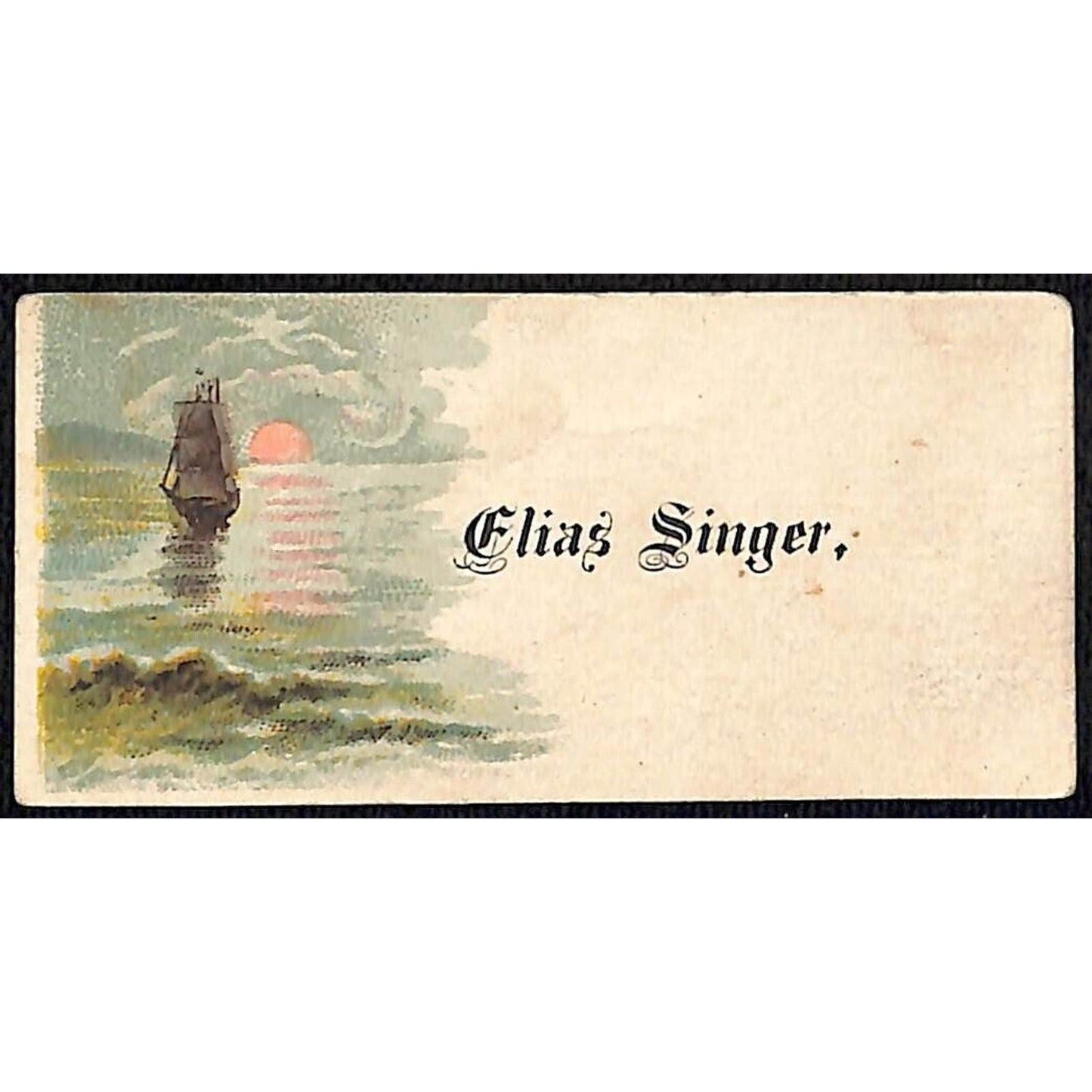 "Elias Singer" Victorian Calling Greeting Card - Ship on Calm Sea &Sunset