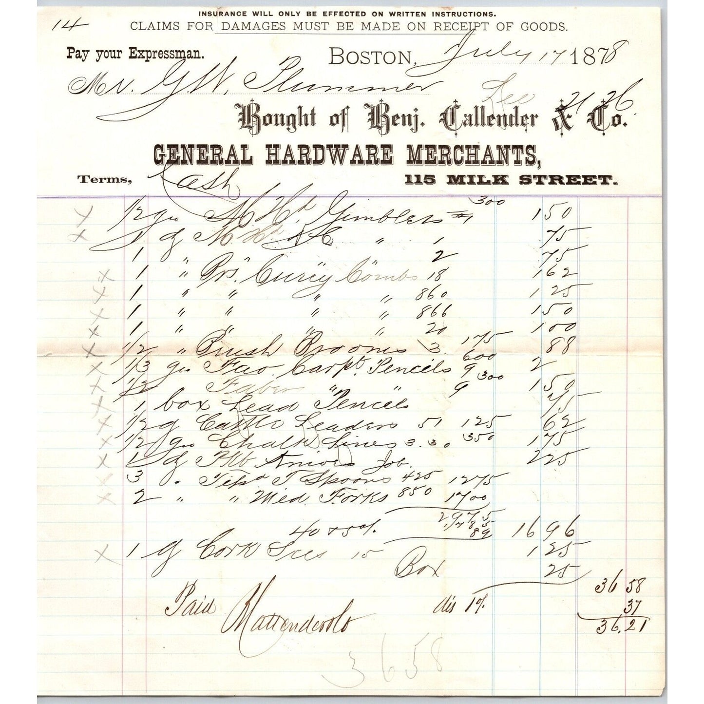 Benj. Callender & Co. General Hardware Milk St. Boston 1878 Billhead Scarce