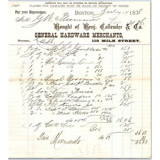 Benj. Callender & Co. General Hardware Milk St. Boston 1878 Billhead Scarce