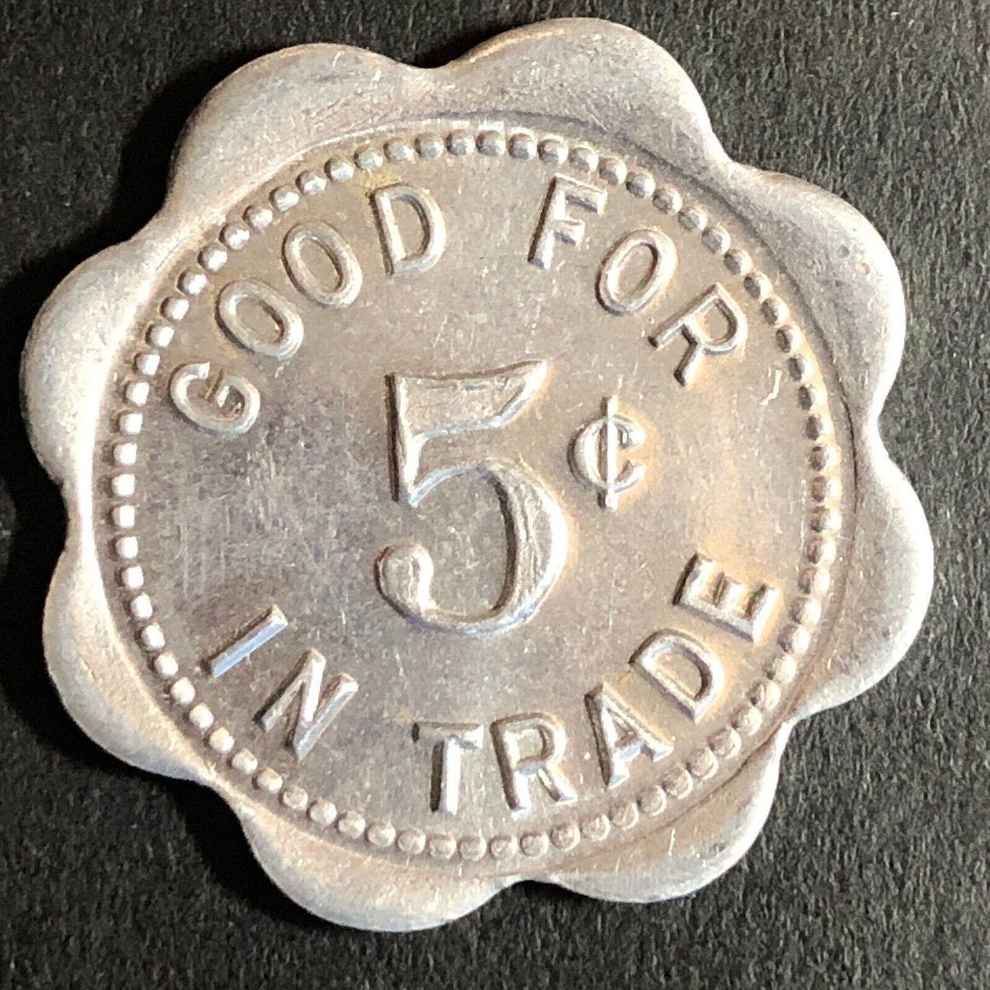 Wilke's Tavern Breese, IL Alum. G/F 5c Scalloped Trade Token 29mm c1948-52