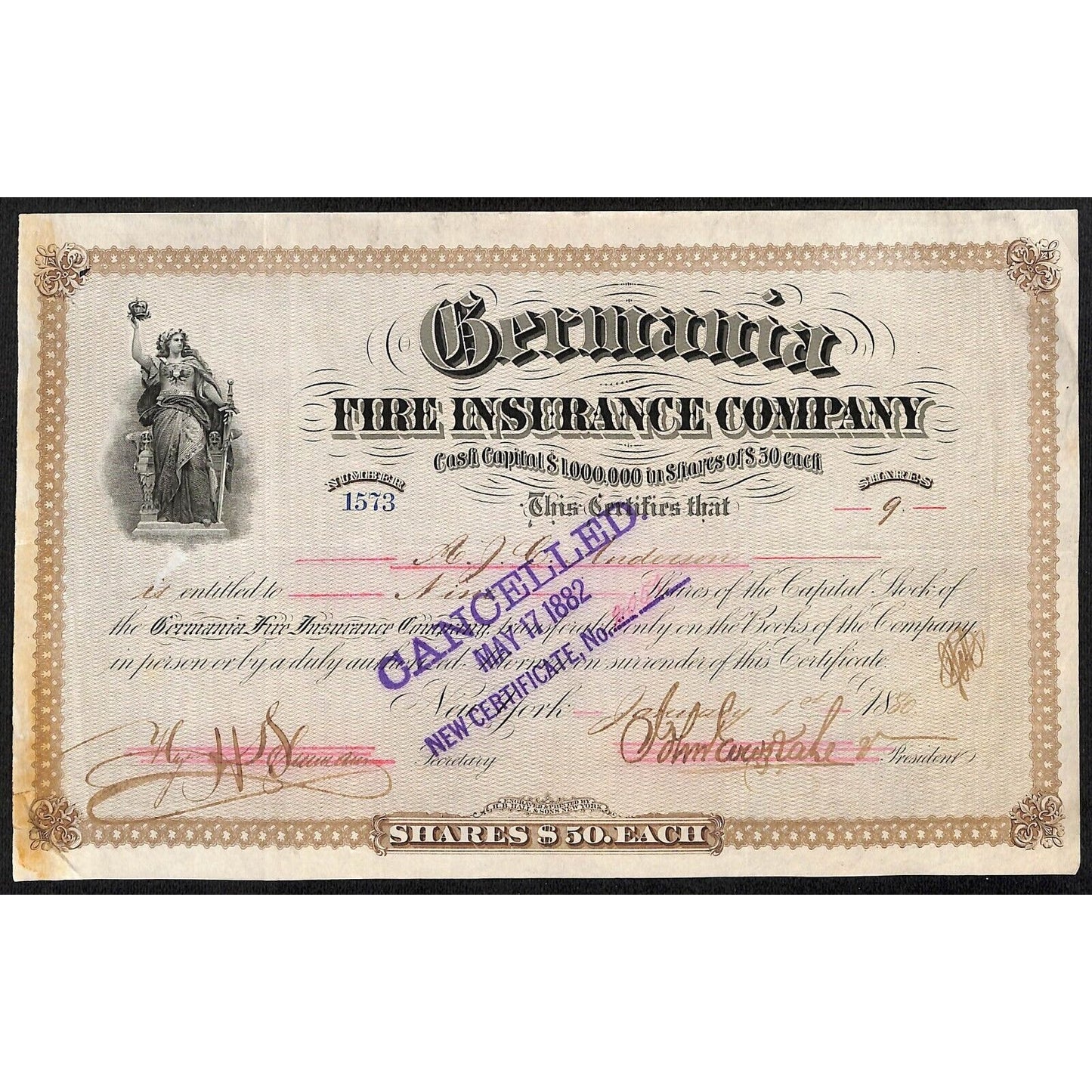 Germania Fire Insurance Co. 1880 Stock Certificate to J.C. Anderson ?