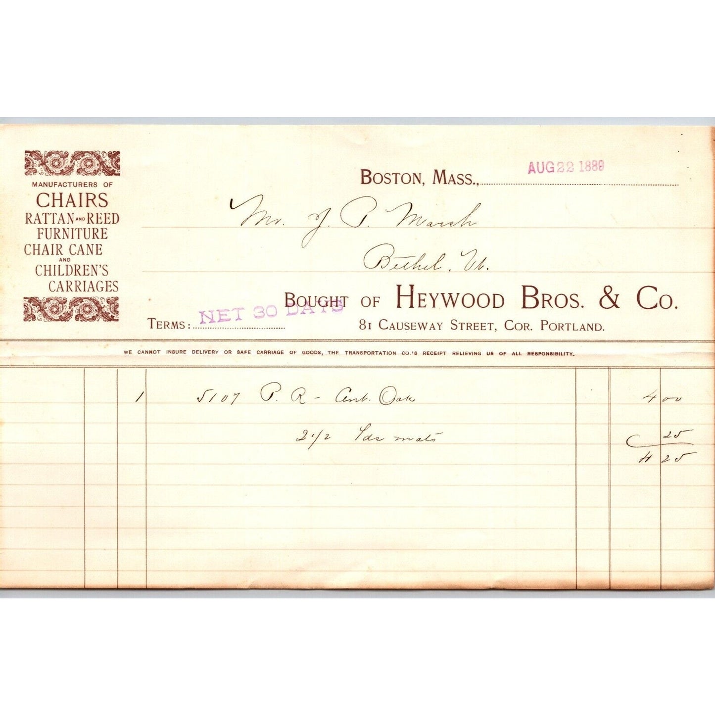 Heywood Bros. & Co. Rattan Chairs Children's Carriages Boston, MA 1889 Billhead