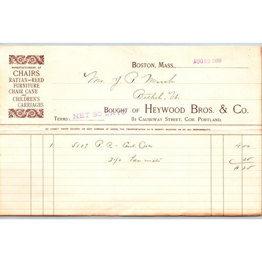 Heywood Bros. & Co. Rattan Chairs Children's Carriages Boston, MA 1889 Billhead