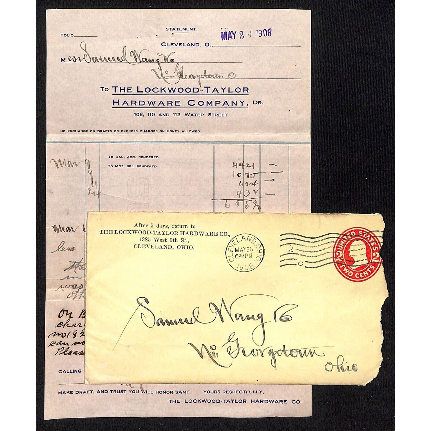Lockwood-Taylor Hardware Co. Samuel Wang Co* N. Georgetown 1908 Billhead & Cover