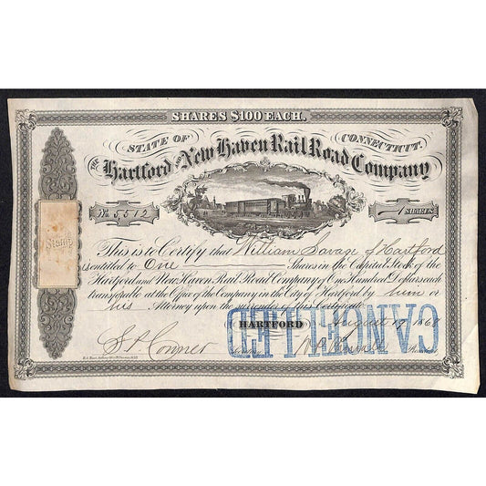 Hartford and New Haven Railroad 1868 Stock Certificate #5512 William Savage