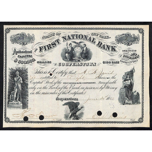 First National Bank of Cooperstown 1881 Stock Certificate A.A. ? H.H. Jarvis