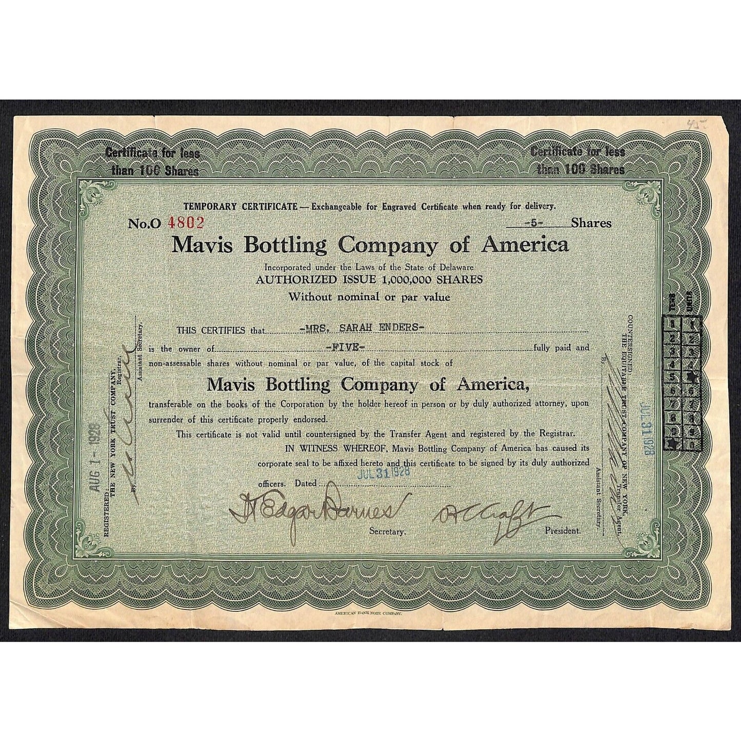 Mavis Bottling Co. of America - Pepsi* 1928 Stock Certificate Mrs. Sarah Enders