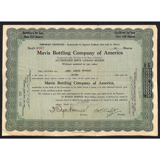 Mavis Bottling Co. of America - Pepsi* 1928 Stock Certificate Mrs. Sarah Enders