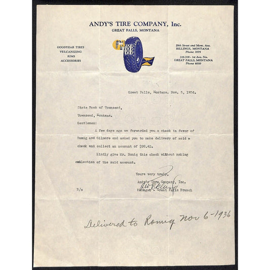 Andy's Tire Co. Great Falls, MT 1936 Letterhead Goodyear Tires G3