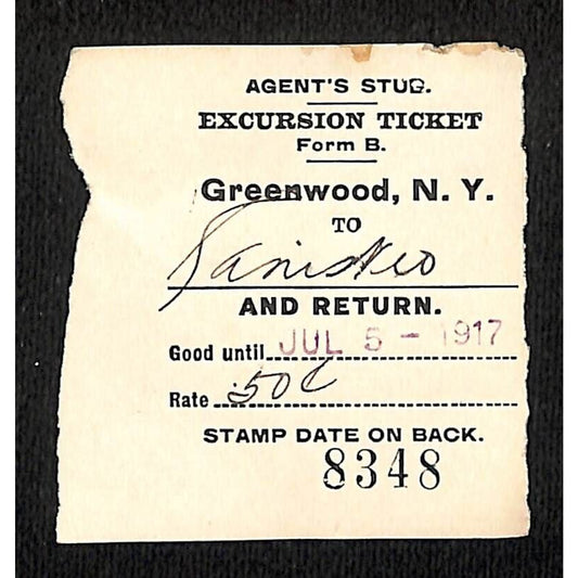 New York & Pennsylvania Ry 1917 Greenwood, NY Excursion Ticket Stub #8348