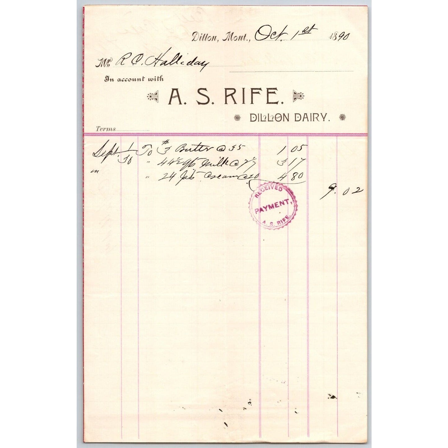 Dillon MT A.S. Rife Dillon Dairy 1890 44 1/2 Quarts Milk Billhead R.C. Halliday*
